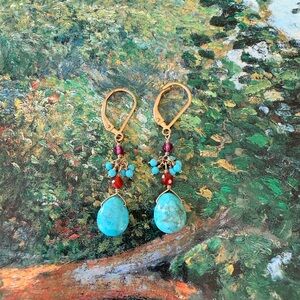 Sundance Turquoise and Red Bead Dangle Earrings - Gold